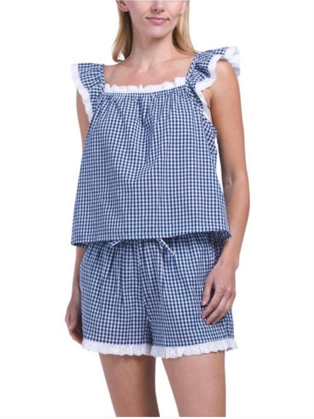 Caroline Constas Gingham Ruffle-Trim Sleep Set - Blue